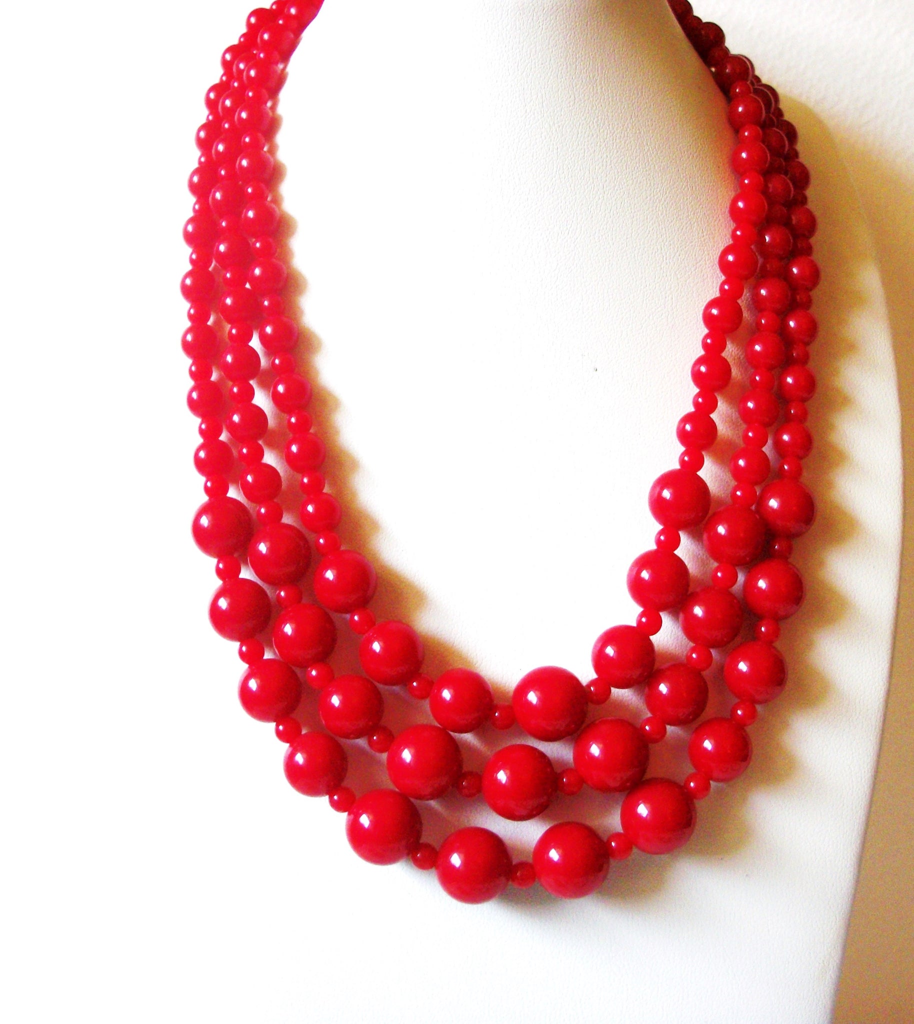 Retro Bright Red Plastic Bead Multi Strand Necklace 72017