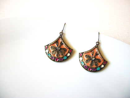 Bohemian Copper Toned Enameled Rhinestone Fan Dangle Earrings 9216
