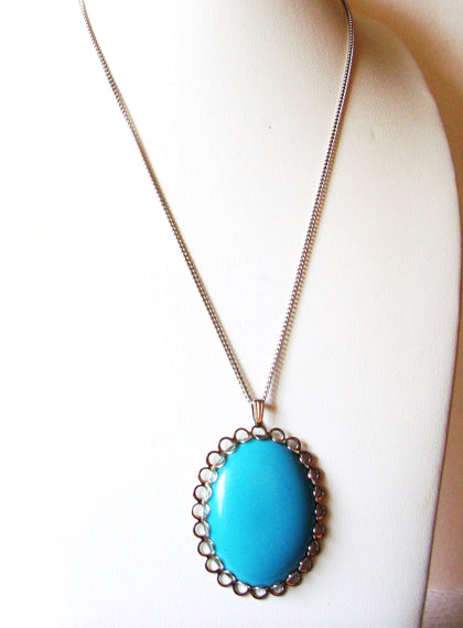 Silver Toned Turquoise Blue Oval Pendant Necklace 91517