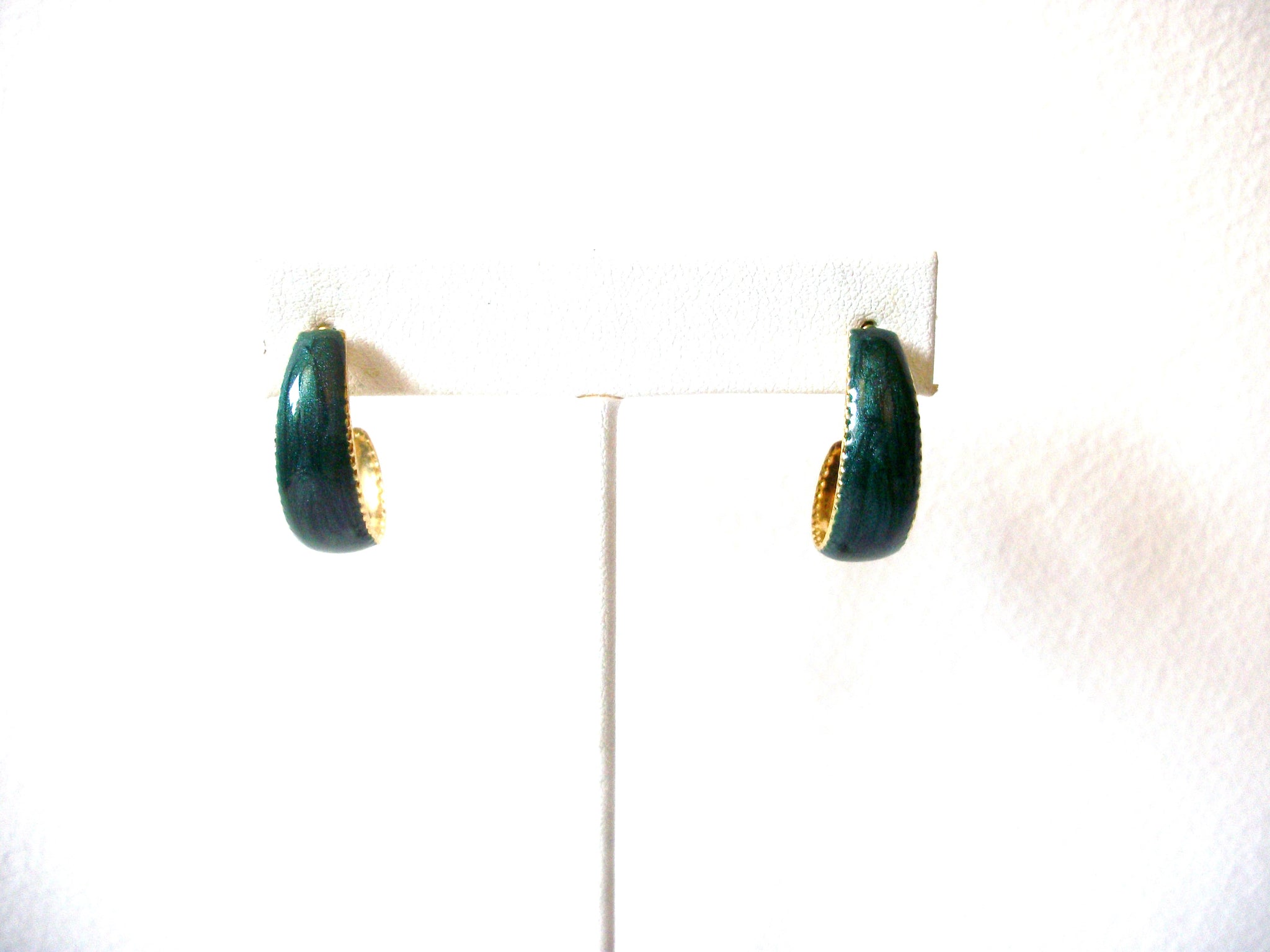 Smaller Retro Enameled Hunter Green Hoop Earrings 80417