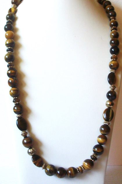 Tigers Eye Semi Precious Stone 36" Long Vintage Glass Necklace 61518