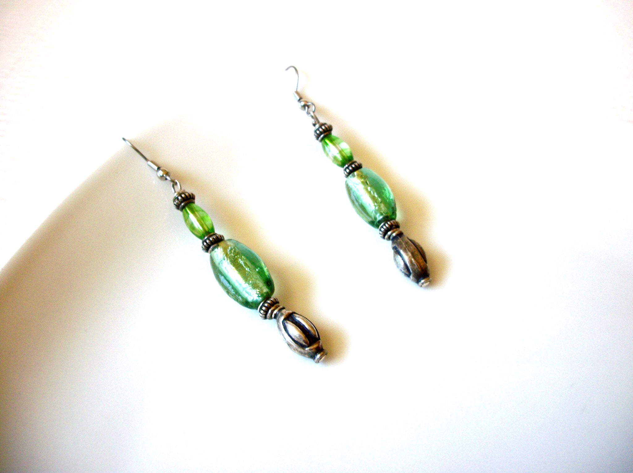 Vintage Green Foil Glass Dangle 3" Earrings 121816