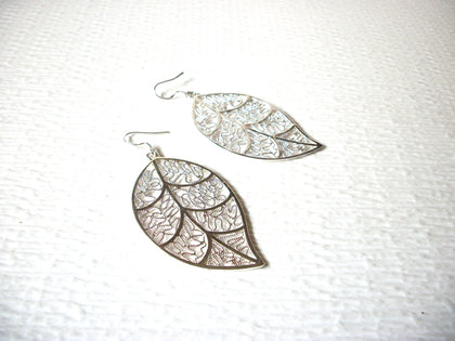 Retro Bright Silver Toned Leaf Earrings 62218