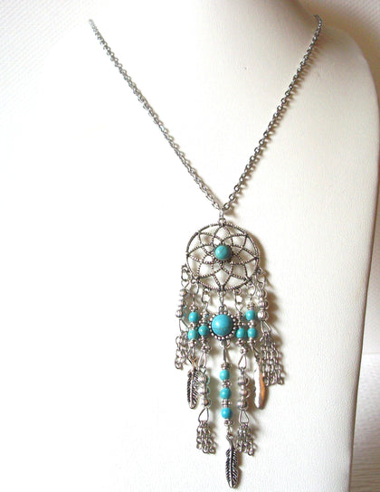 Dream Catcher Pendant Silver Toned Faux Turquoise Necklace 9216