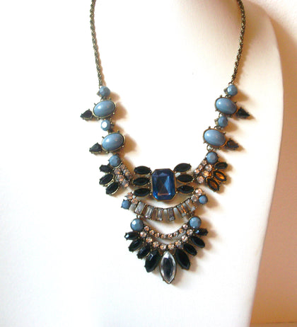 Retro Silver Gray Blue Clear Rhinestone Statement Necklace 1230