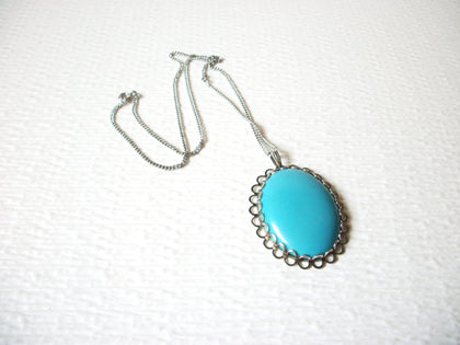 Silver Toned Turquoise Blue Oval Pendant Necklace 91517