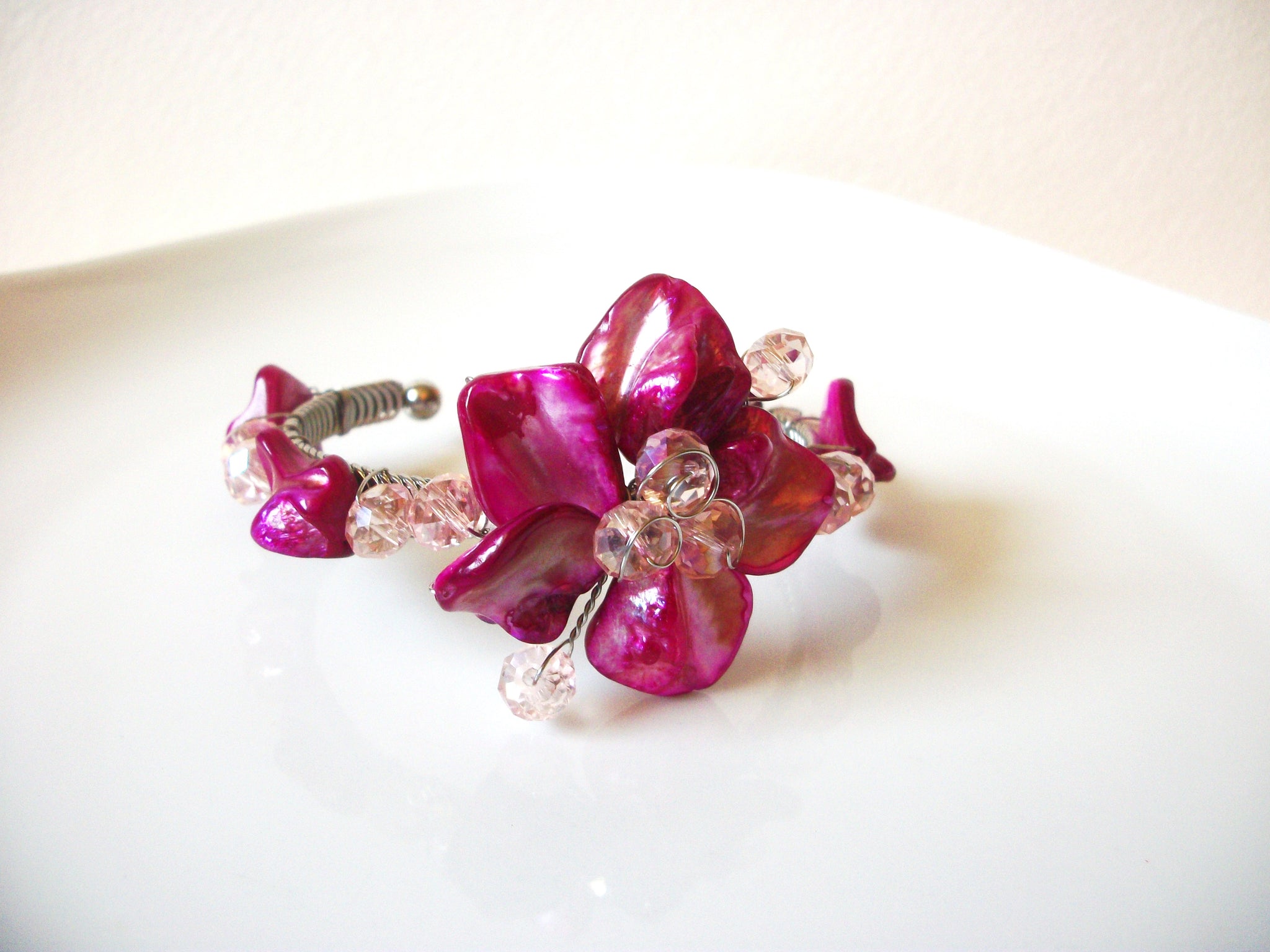 Hand Made Wired Pink Dyed Shell Czech Crystal Cuff Bracelet 91617