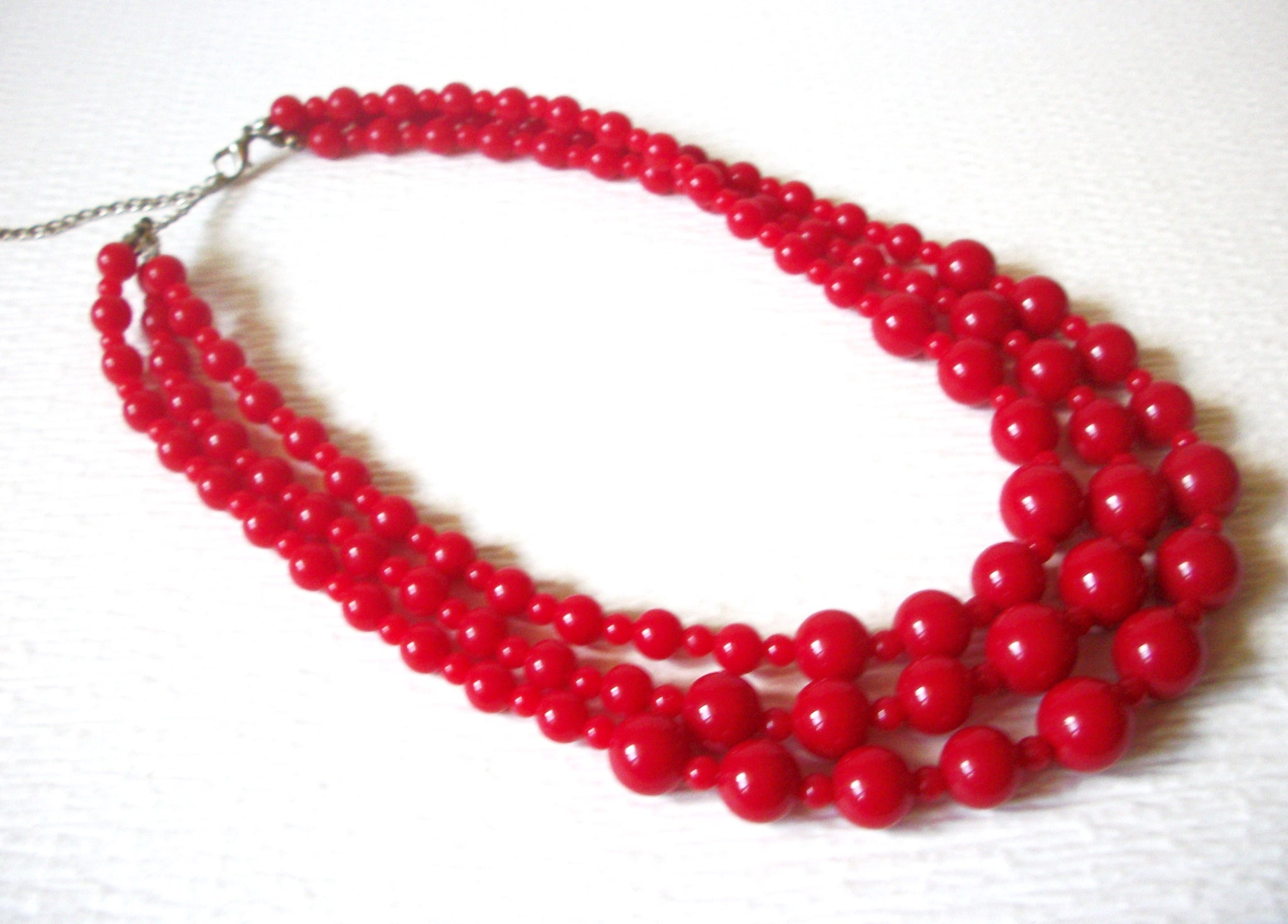 Retro Bright Red Plastic Bead Multi Strand Necklace 72017