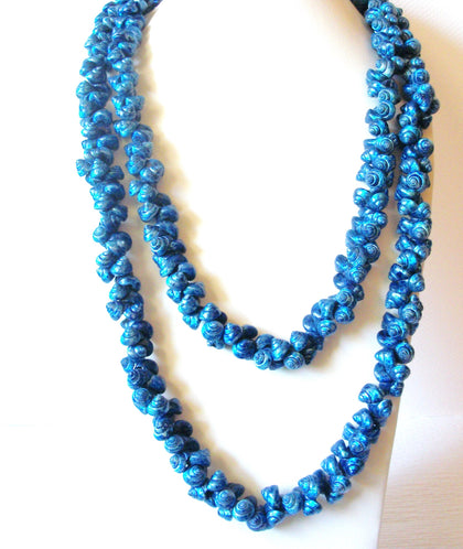 Vintage Blue Iridescent Dyed Shell 56" Very Long Necklace 92518