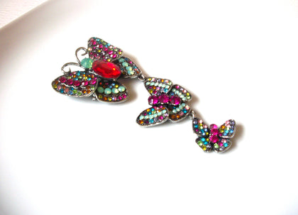 Vintage Brooch Pin Dark Toned Colorful Rhinestone Dancing Butterflies 3 3/4" Long 60816