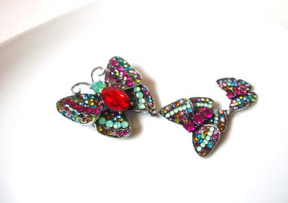 Vintage Brooch Pin Dark Toned Colorful Rhinestone Dancing Butterflies 3 3/4" Long 60816