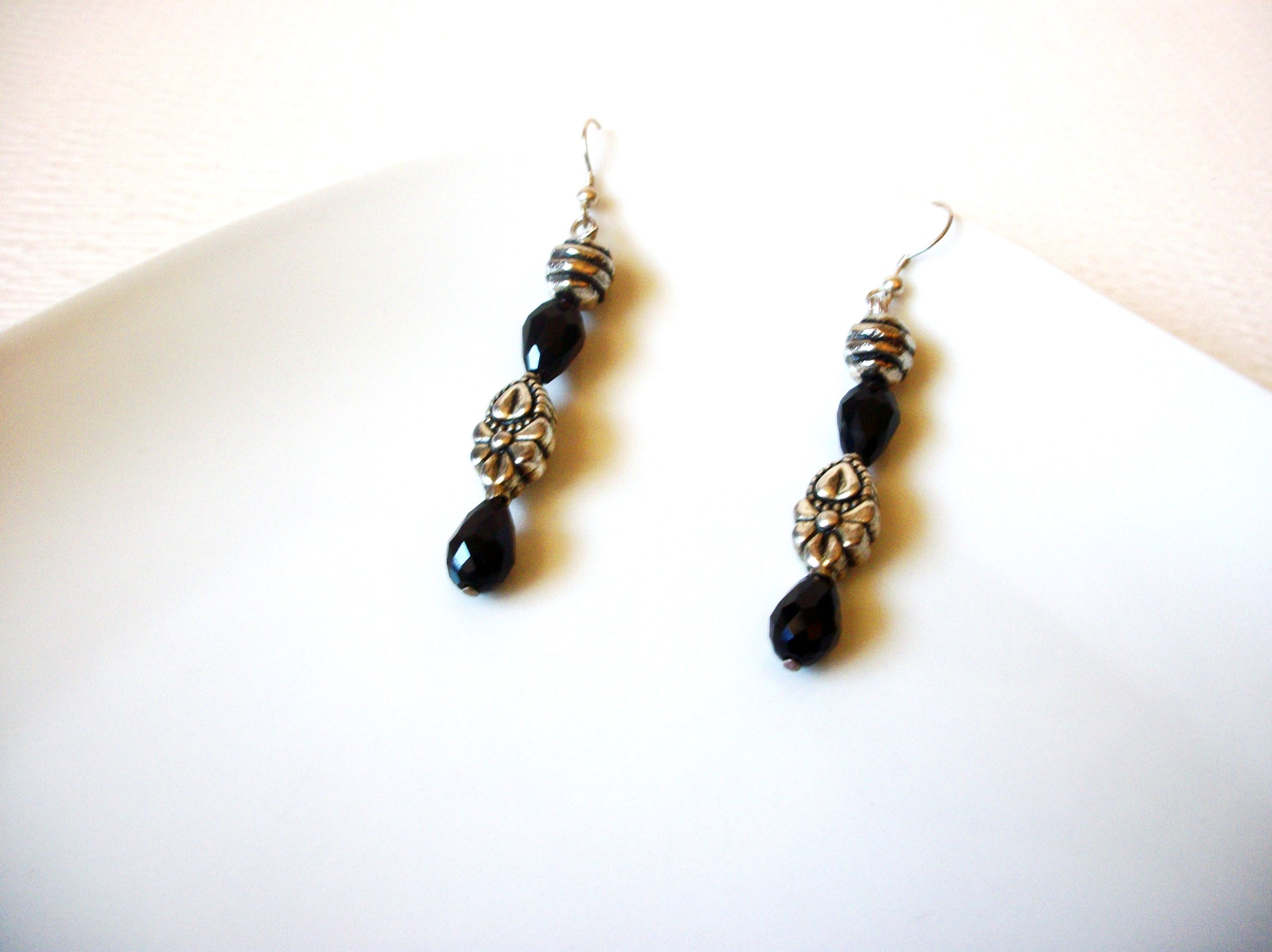 Vintage Black Glass Dangle 3" Earrings 121816