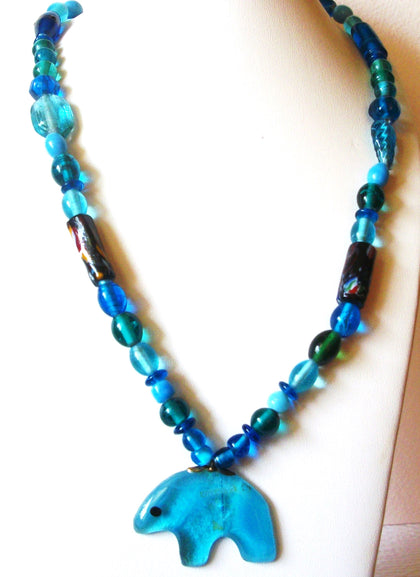 ZUNI Bear Pendant Vintage Blue Bullseye Glass Necklace 61518