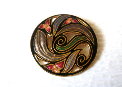 Vintage Round Floral Cloisonne Brooch Pin 5917