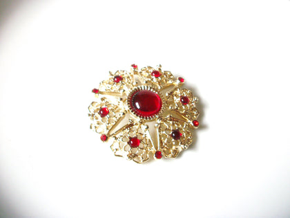 SARAH COV Gold Toned Red Rhinestone Ornate Brooch Pin 123116