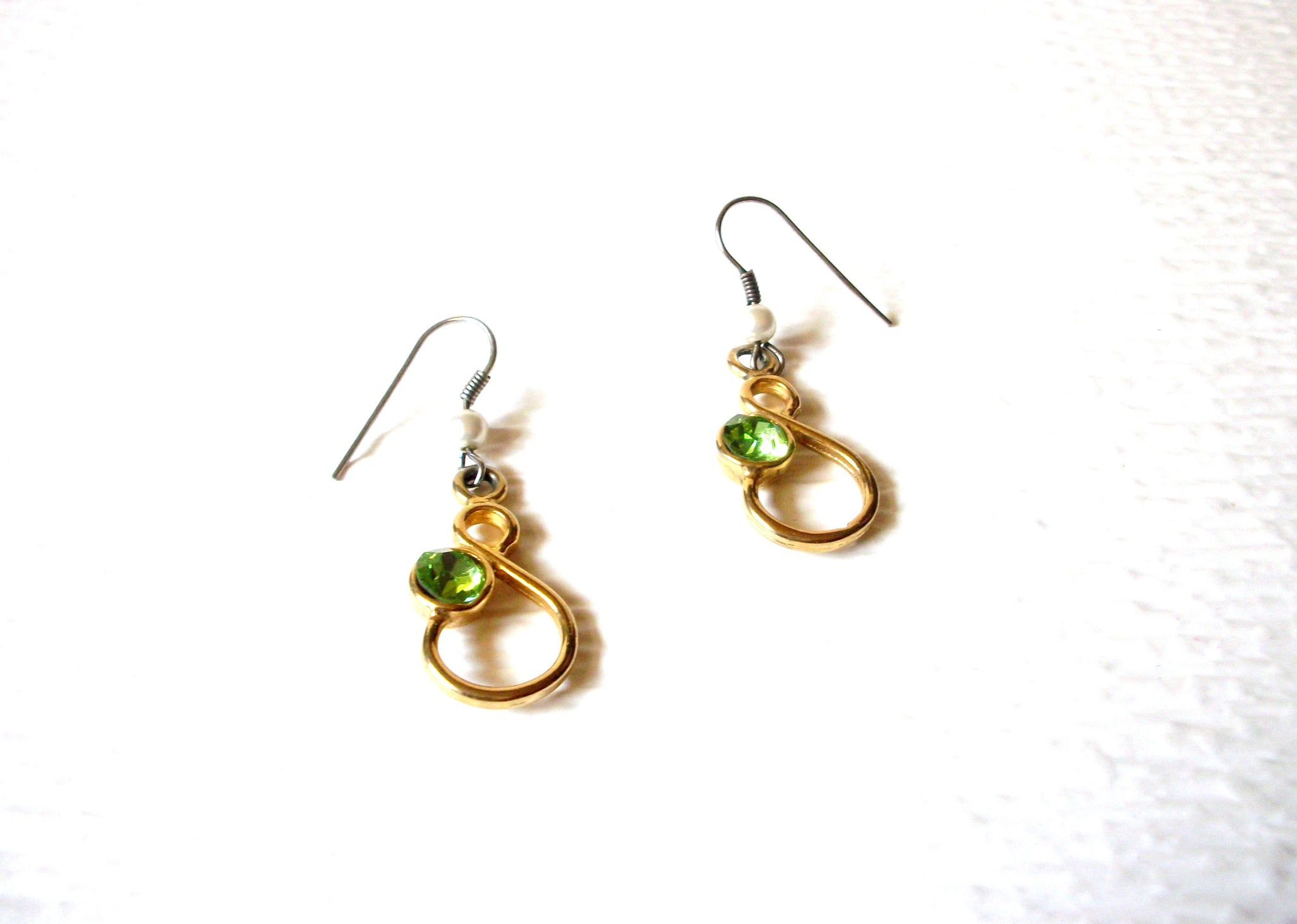 Retro Gold Toned Green Rhinestone Dangle Earrings 91517