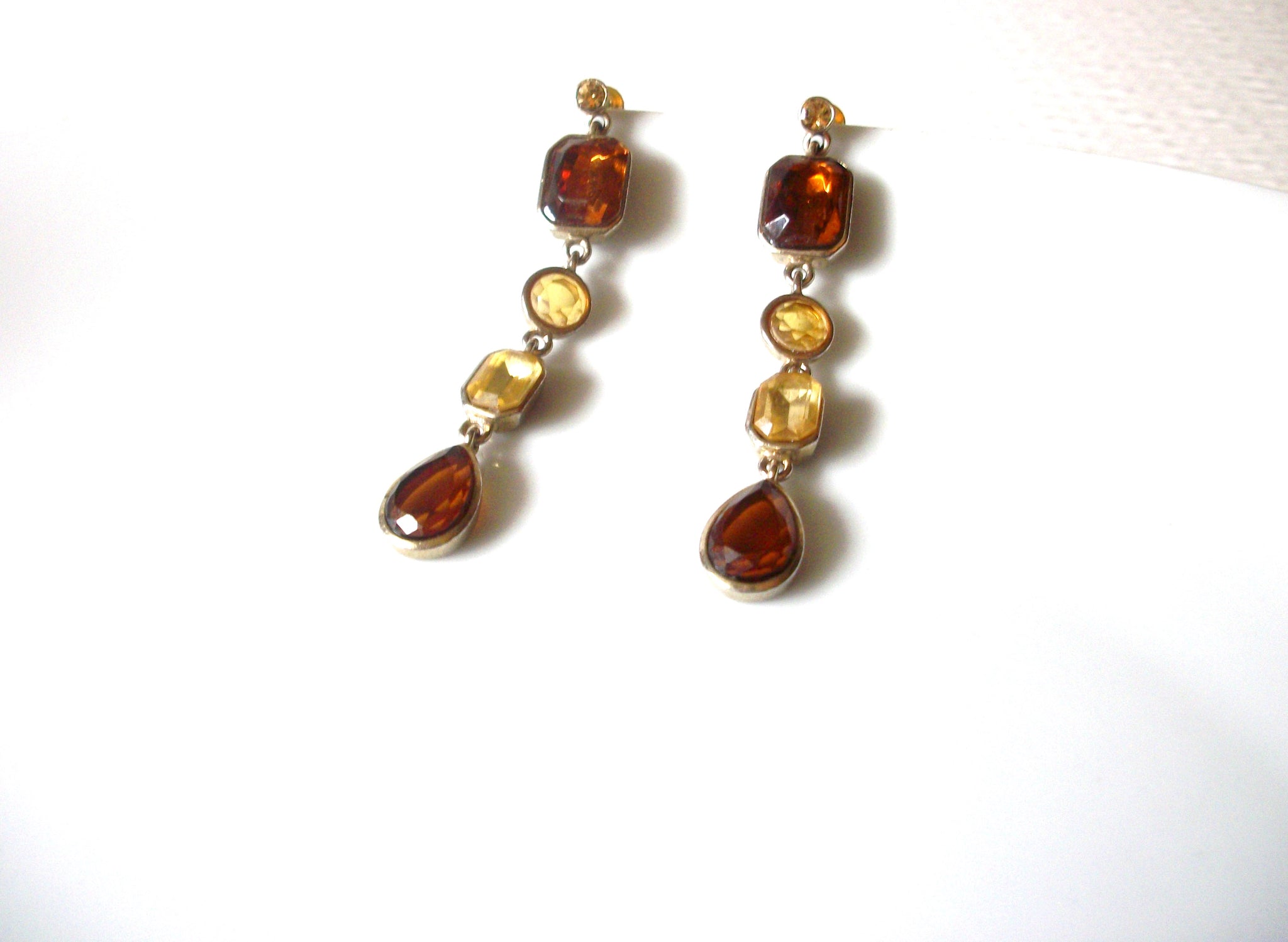 Vintage Gold Toned Honey Amber Rhinestone Dangle Earrings 92017