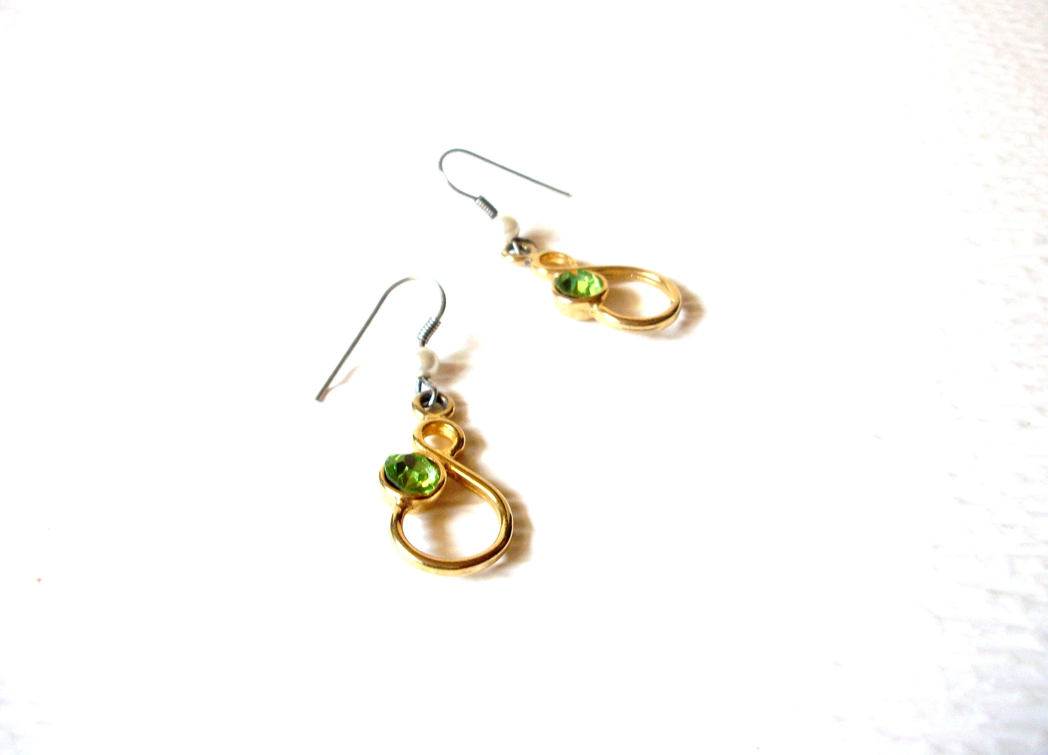 Retro Gold Toned Green Rhinestone Dangle Earrings 91517