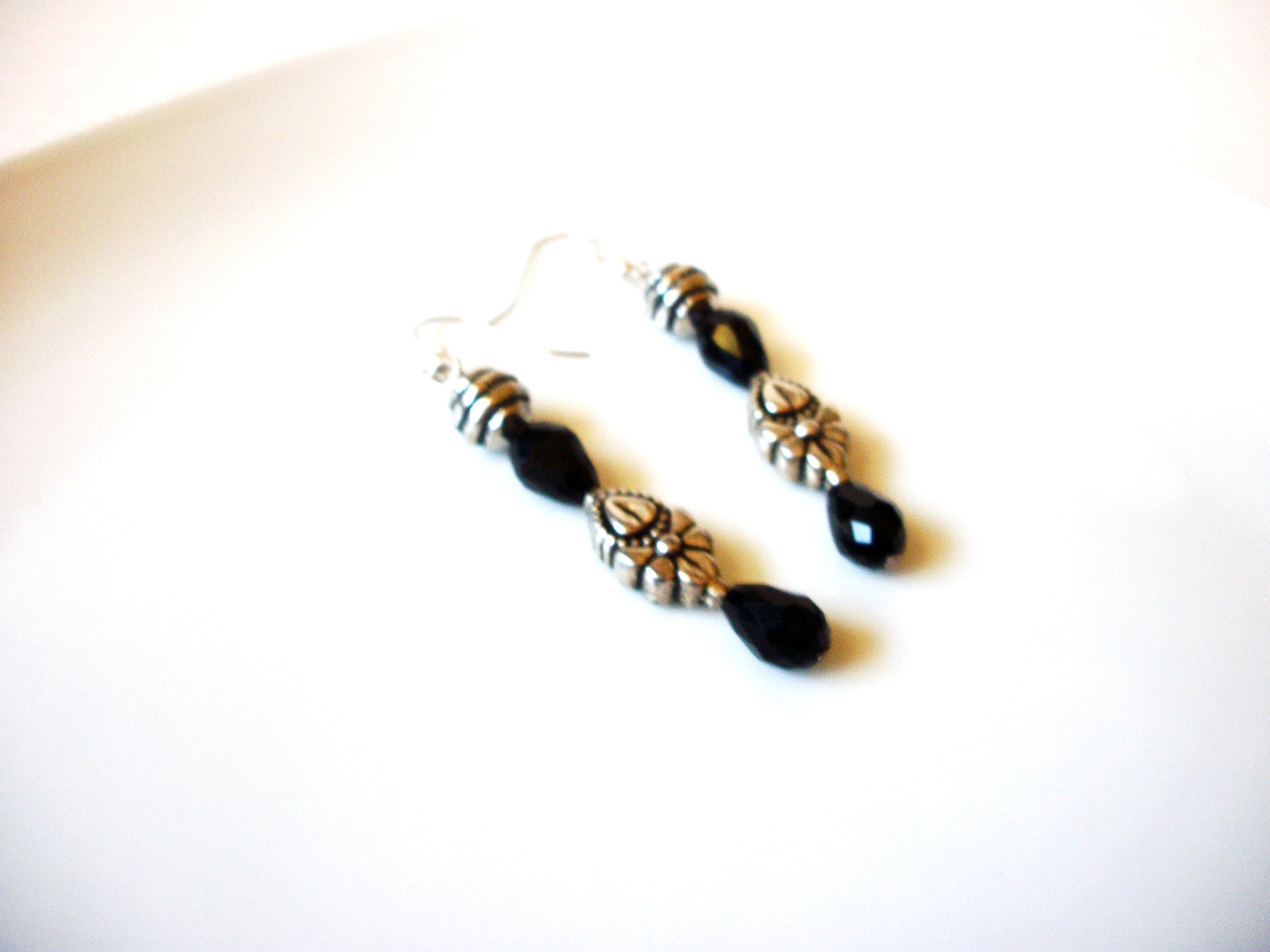 Vintage Black Glass Dangle 3" Earrings 121816