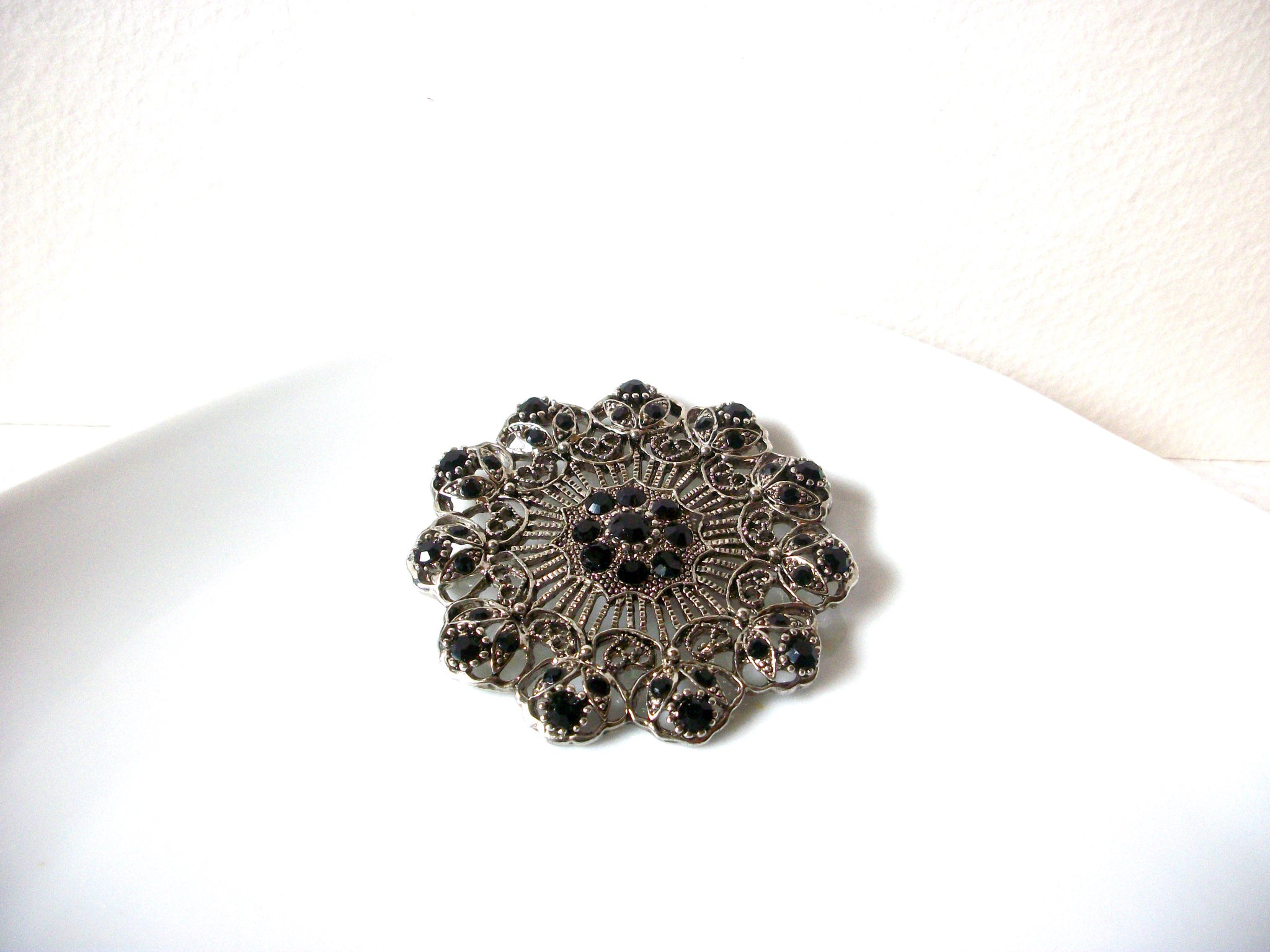 Larger Vintage Silver Toned Damask Black Rhinestone Brooch 30717