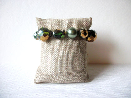 Green Gold Faceted Glass Beads Vintage Stretch Bracelet 92917