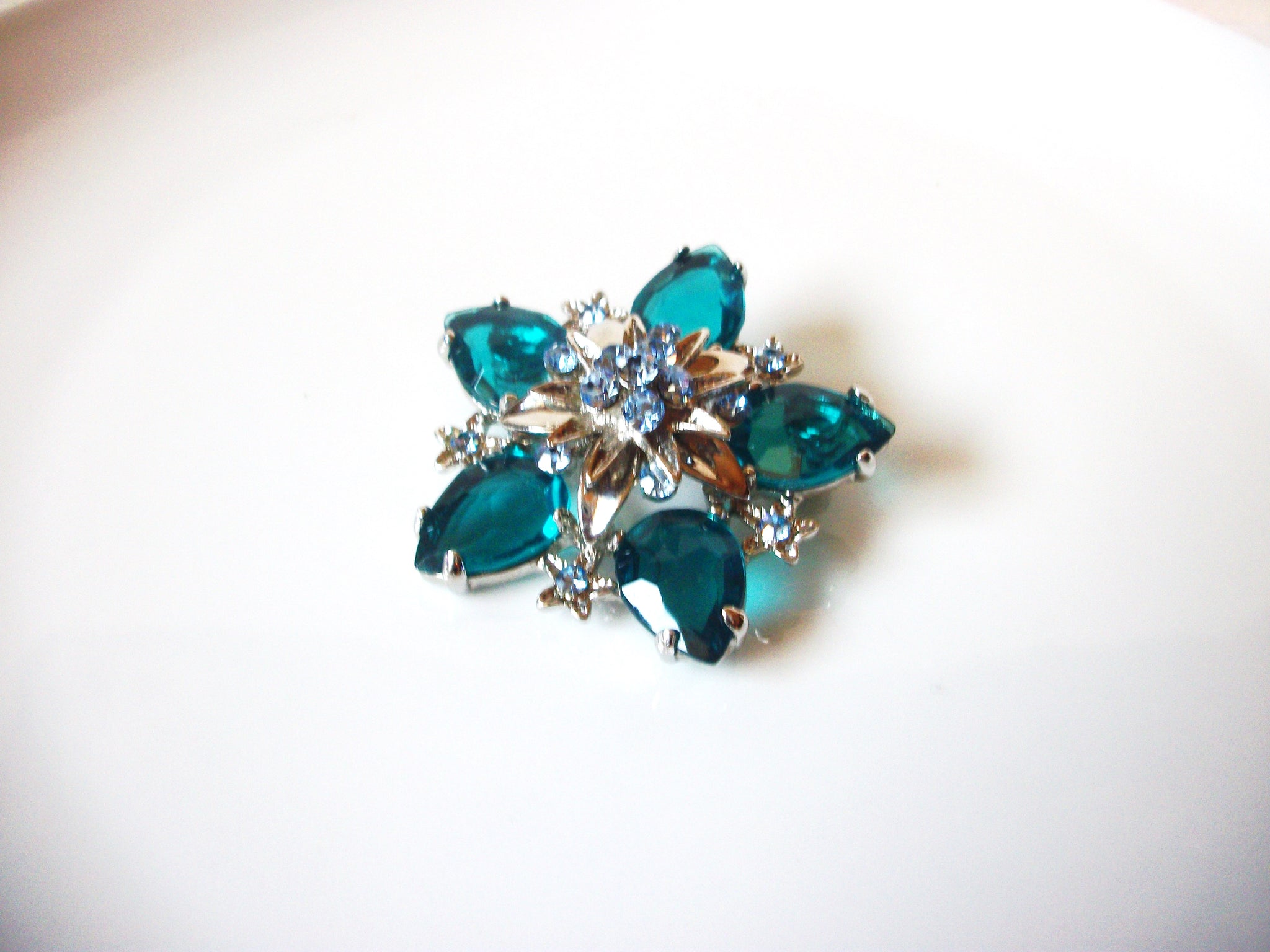 Retro Teal Blue Silver Rhinestone Flower Burst Brooch Pin 81517