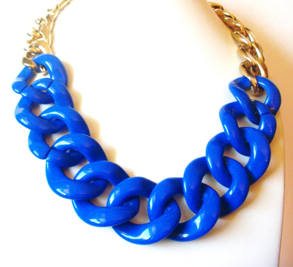Retro Gold Toned Cobalt Blue Old Plastic 20" Necklace 121216
