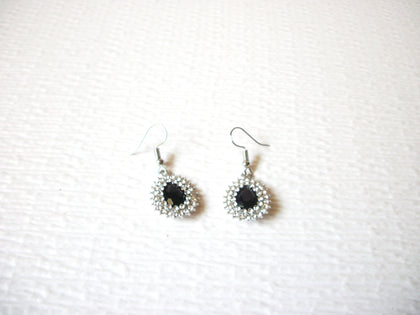 Silver Toned  Clear Rhinestone Faceted Black Glass Dangle Earrings 91517