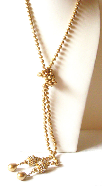 Vintage Long Matte Gold Toned Faux Pearl 44" Tassel Necklace 9216