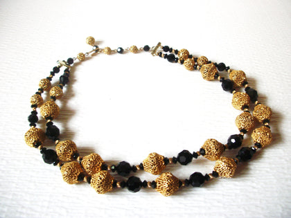 Vintage Black Czech Glass Gold Toned Damask Necklace 92816