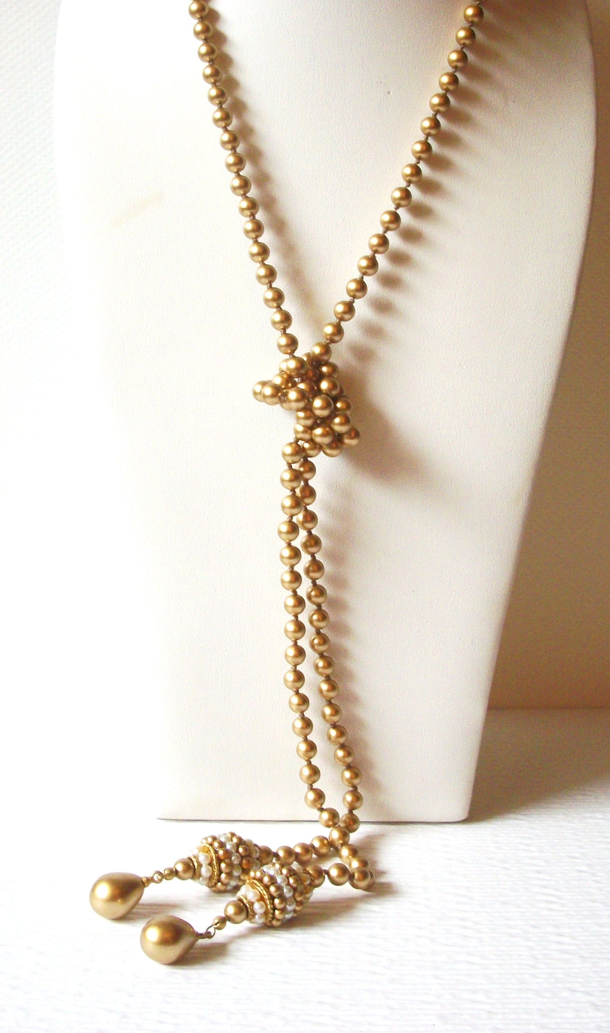 Vintage Long Matte Gold Toned Faux Pearl 44" Tassel Necklace 9216