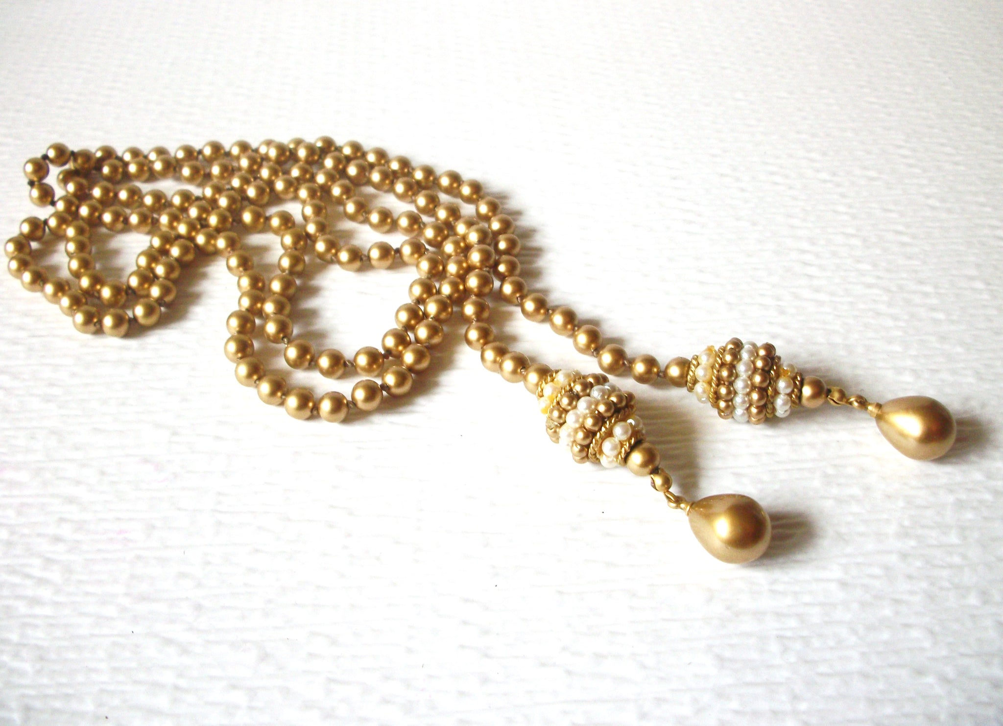 Vintage Long Matte Gold Toned Faux Pearl 44" Tassel Necklace 9216