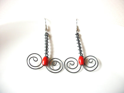 Bohemian Metal Wired Red Wood Bead Long Dangle Earrings 9216