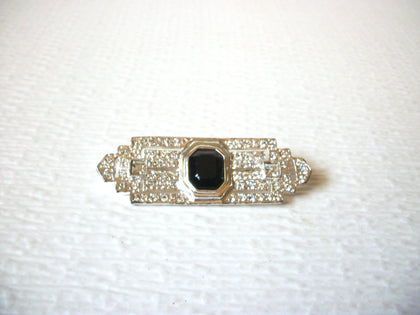 Vintage Art Deco Silver Toned Clear Rhinestone Faux Onyx Brooch Pin 5917