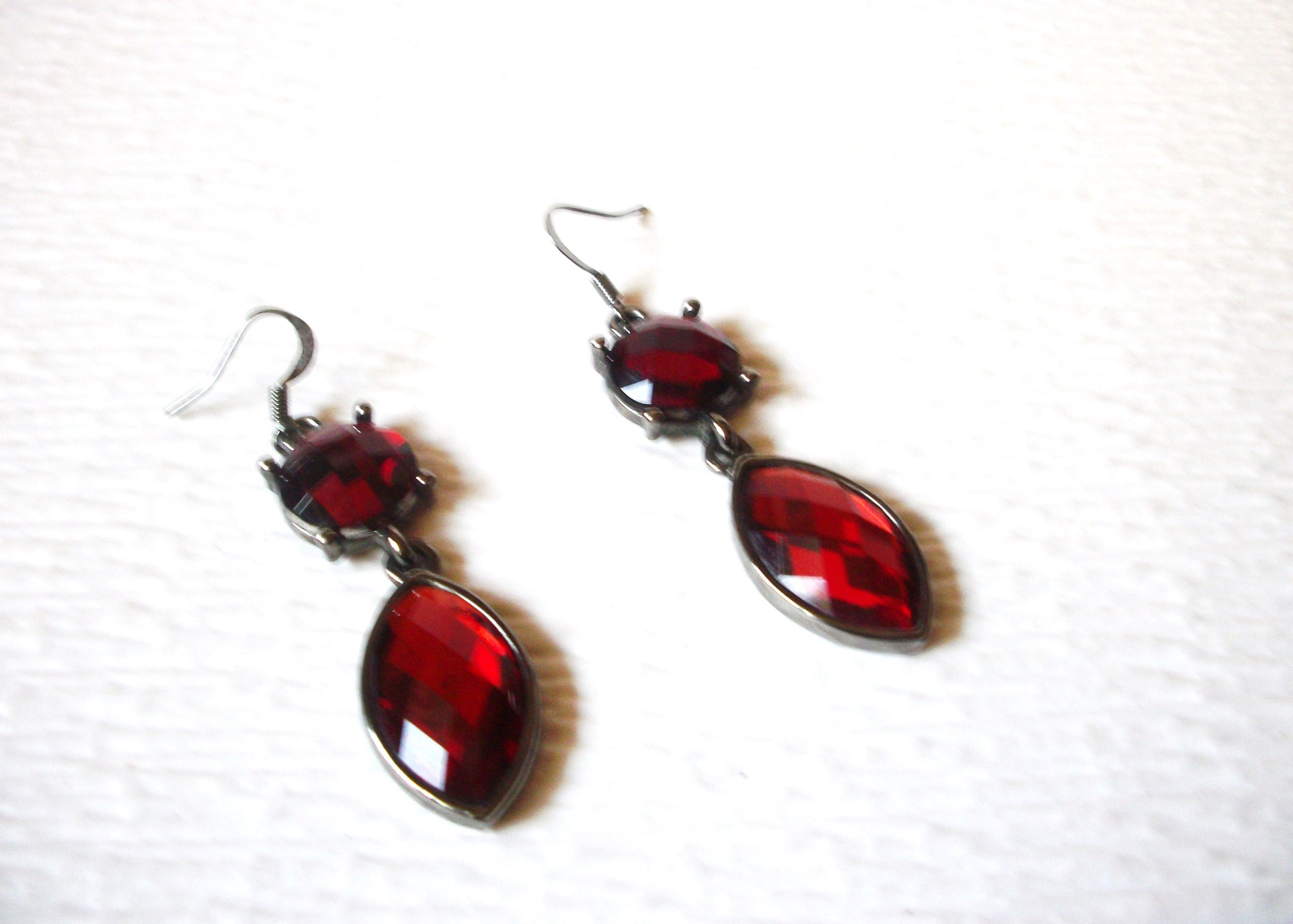 Retro Dark Silver Toned Red Faceted Dangle Earrings 9216