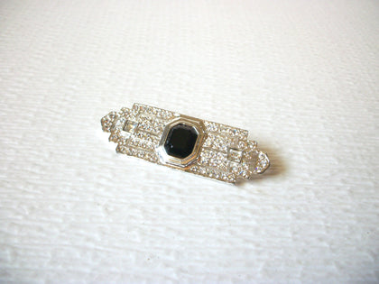Vintage Art Deco Silver Toned Clear Rhinestone Faux Onyx Brooch Pin 5917