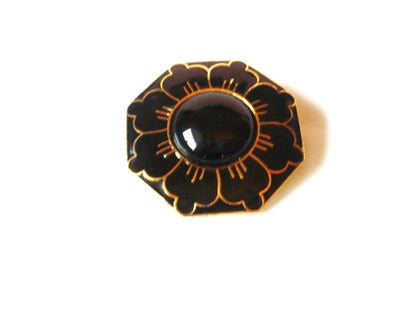 Vintage Mona So Signed Gold Black Enameled Pin Brooch 123116
