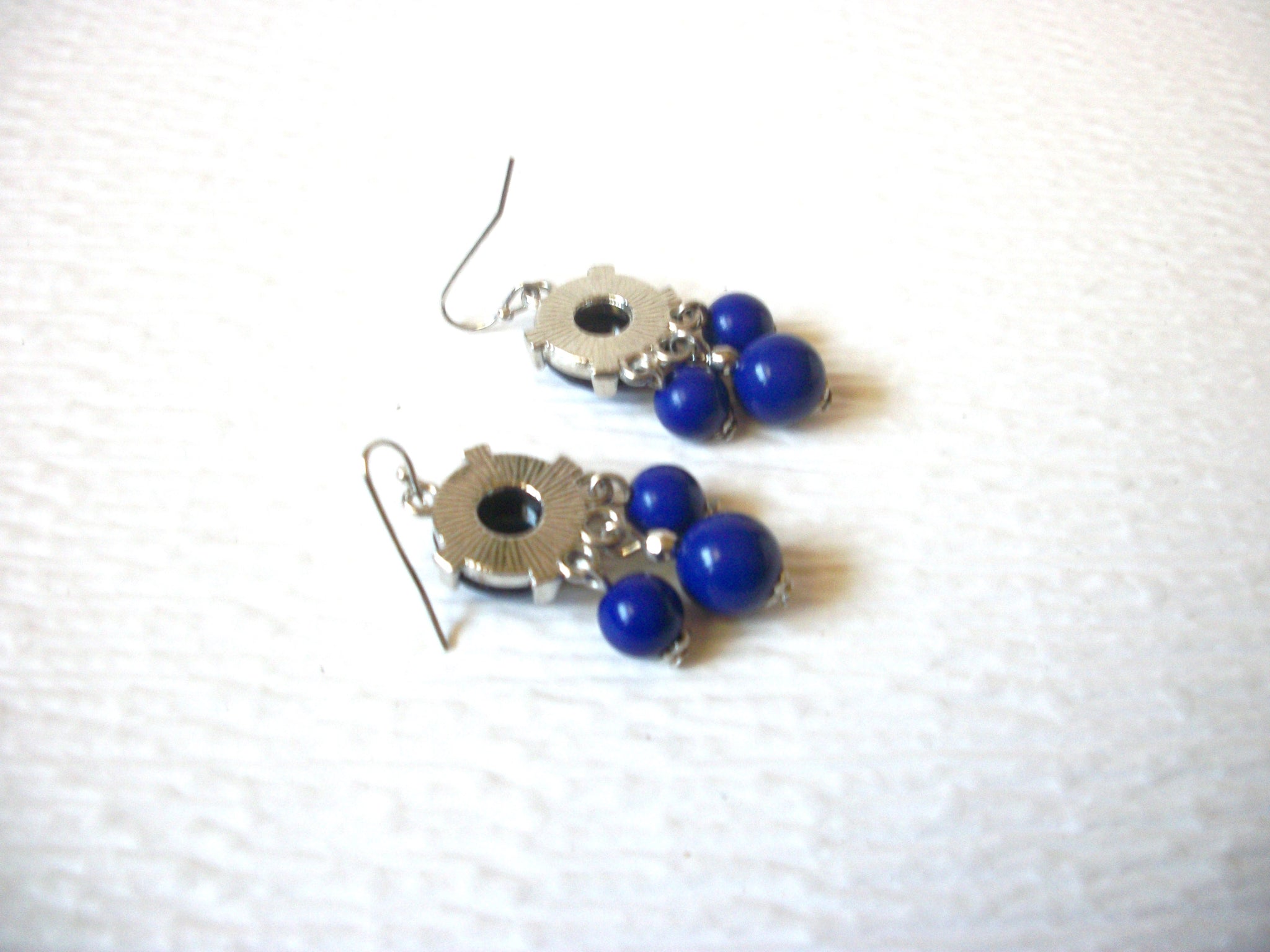 Retro Silver Toned Cobalt Blue Dangle Pierced Earrings 71917