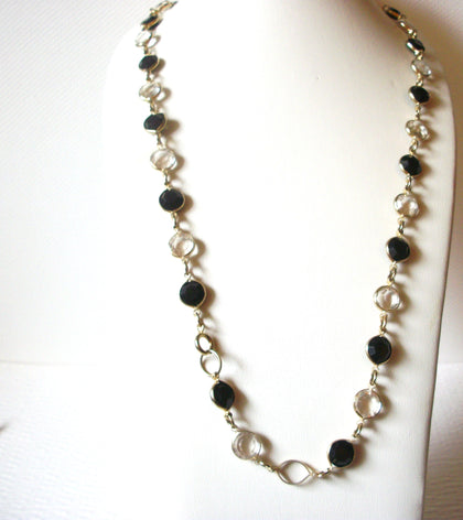 Vintage Bezel Set Gold Toned Clear Black Glass 34" Necklace 9216