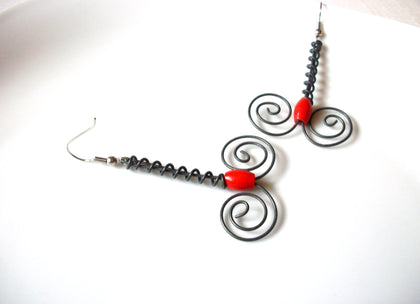 Bohemian Metal Wired Red Wood Bead Long Dangle Earrings 9216