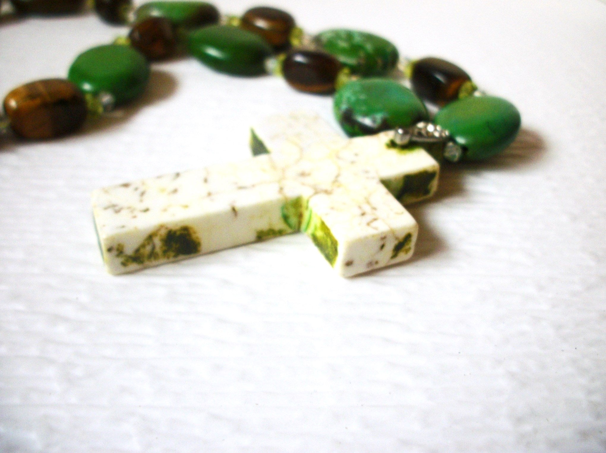 Heavier Pottery Beads, Howlite Moss Agate. Semi Precious Chunky Crucifix Pendant Necklace 20 1/2" Long 82016