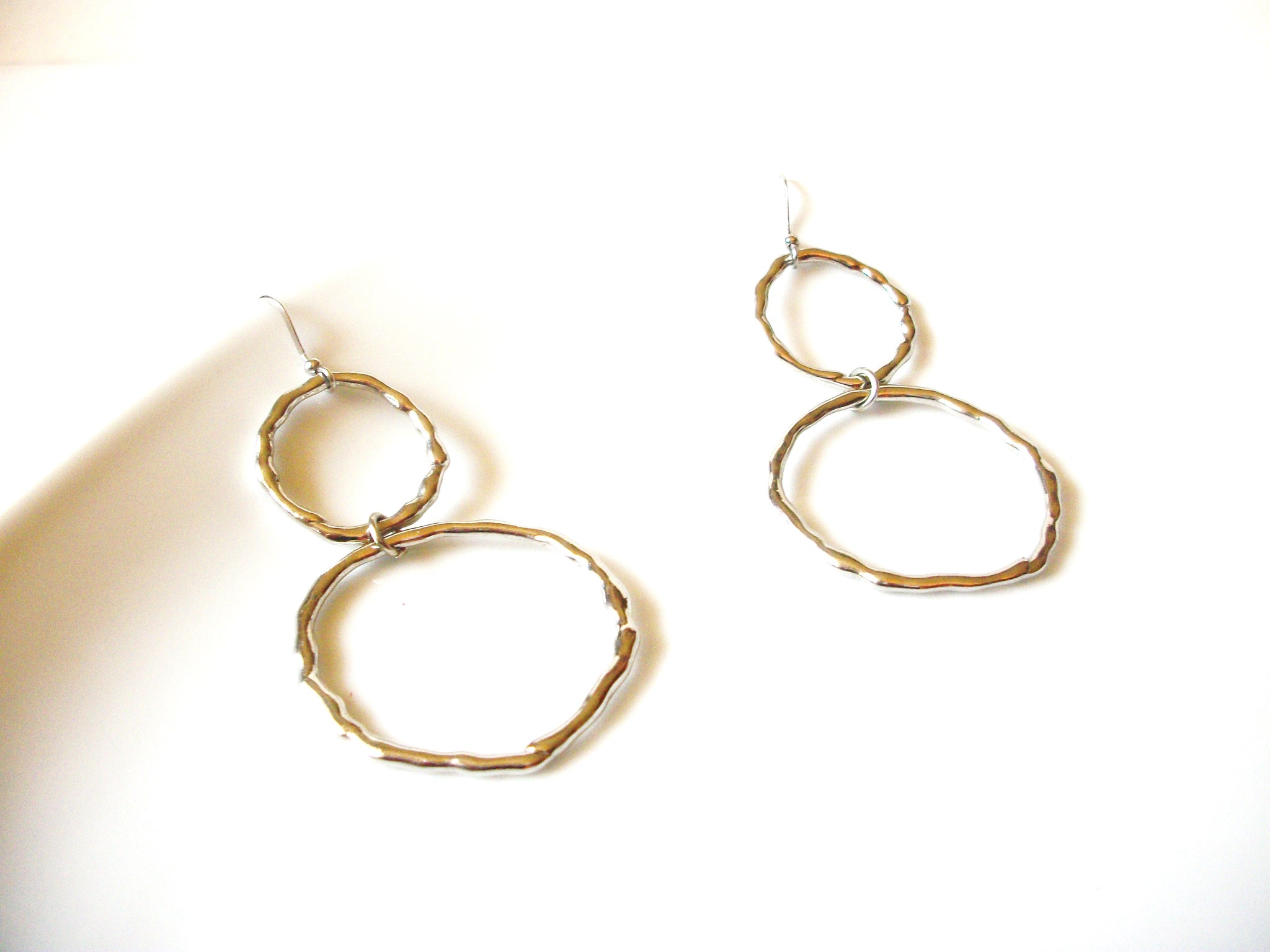 Retro Long Silver Toned Hammered Circle Earrings 40420