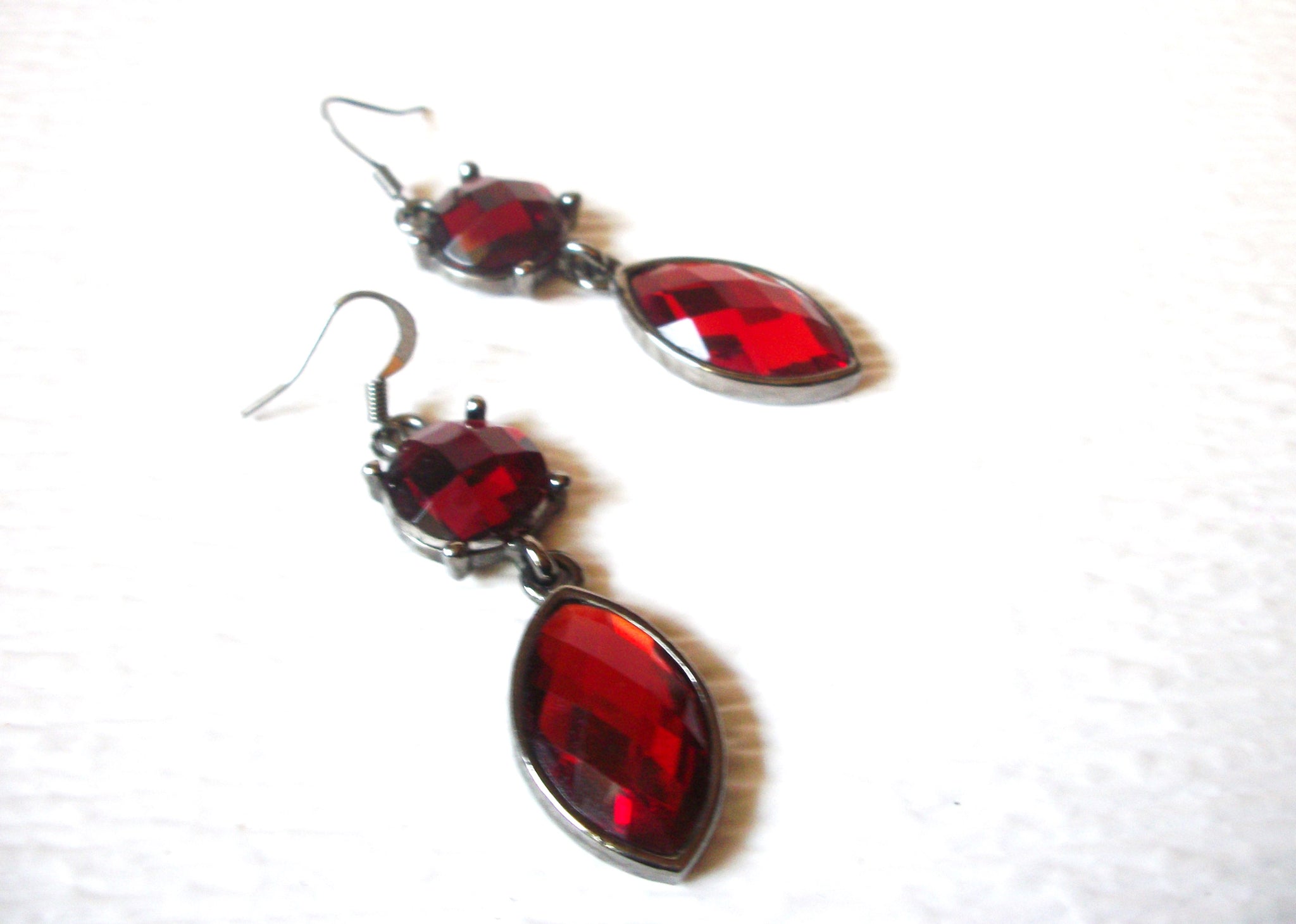 Retro Dark Silver Toned Red Faceted Dangle Earrings 9216