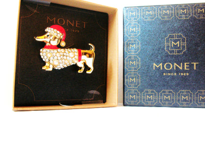 MONET Rhinestone Dog Christmas Pin 31817