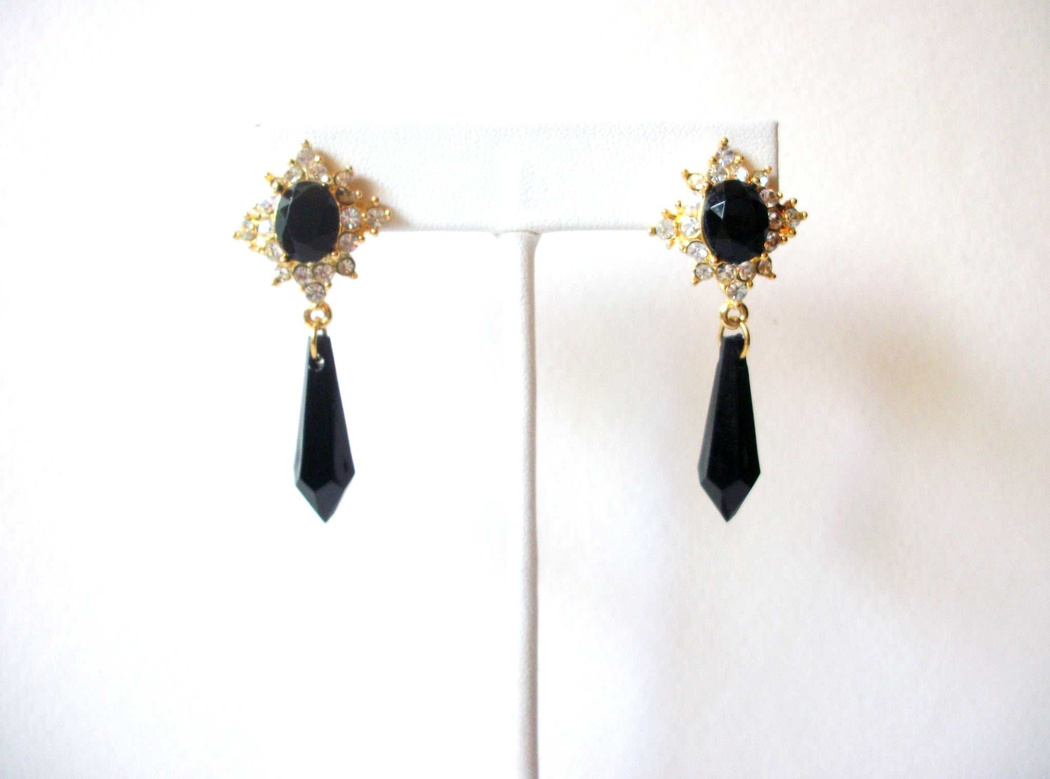 Gold Toned Black Clear Rhinestone Dangle Earrings 91517