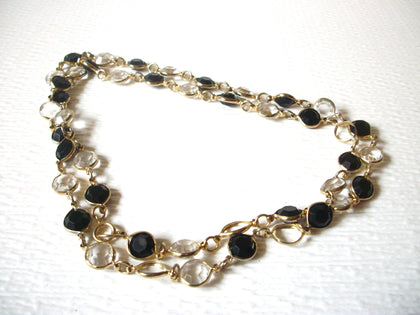 Vintage Bezel Set Gold Toned Clear Black Glass 34" Necklace 9216