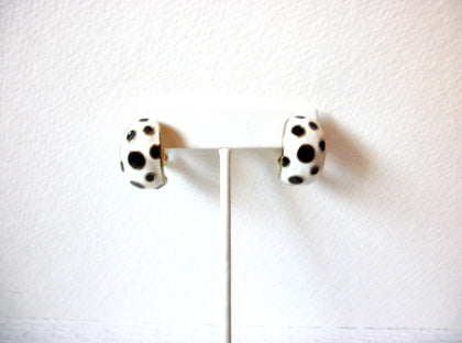 Vintage Enameled Black White Polka Dots Clip On Earrings 123020