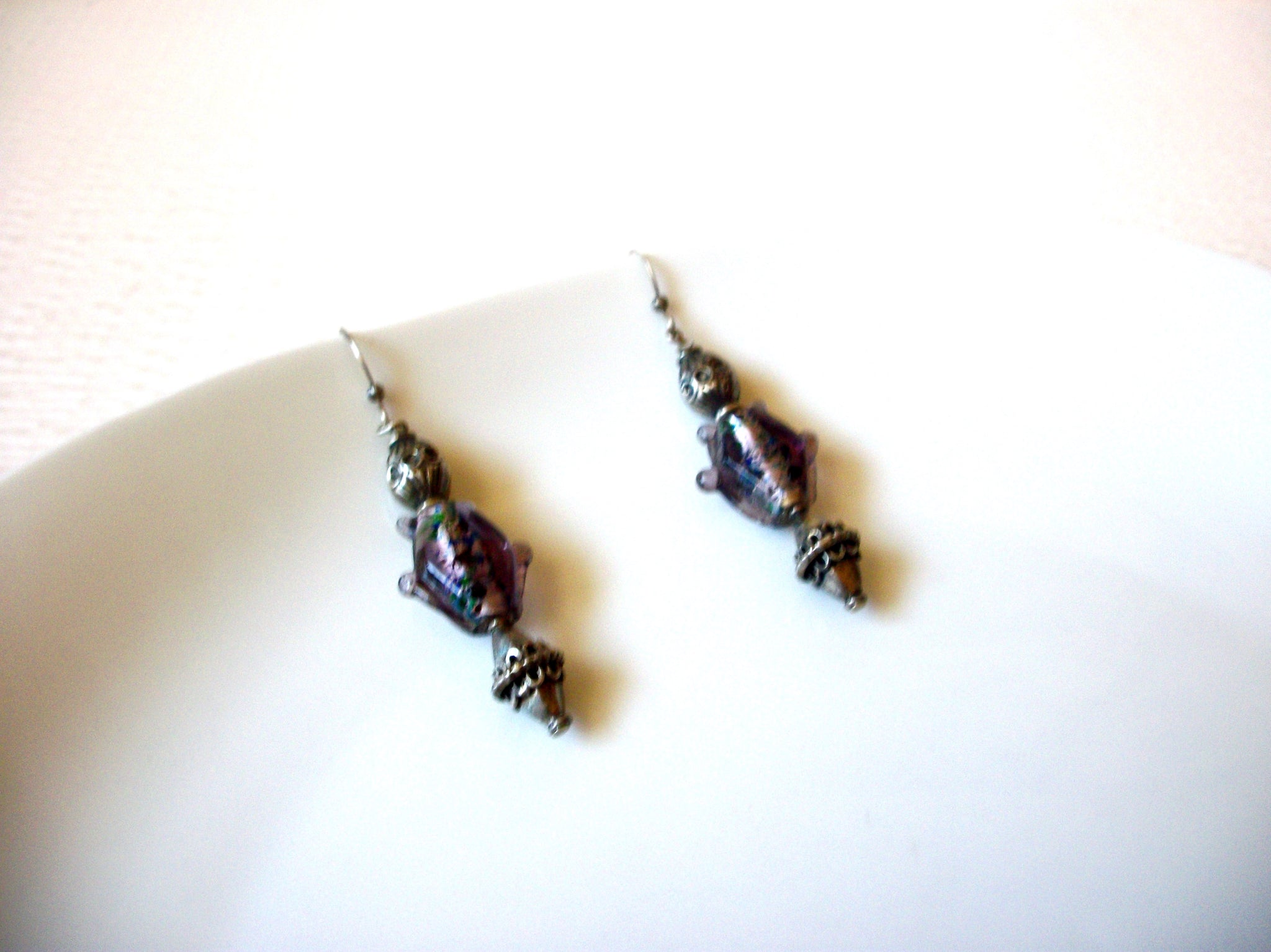 Vintage Plum Lamp Work Glass Dangle 2 1/2" Earrings 121816