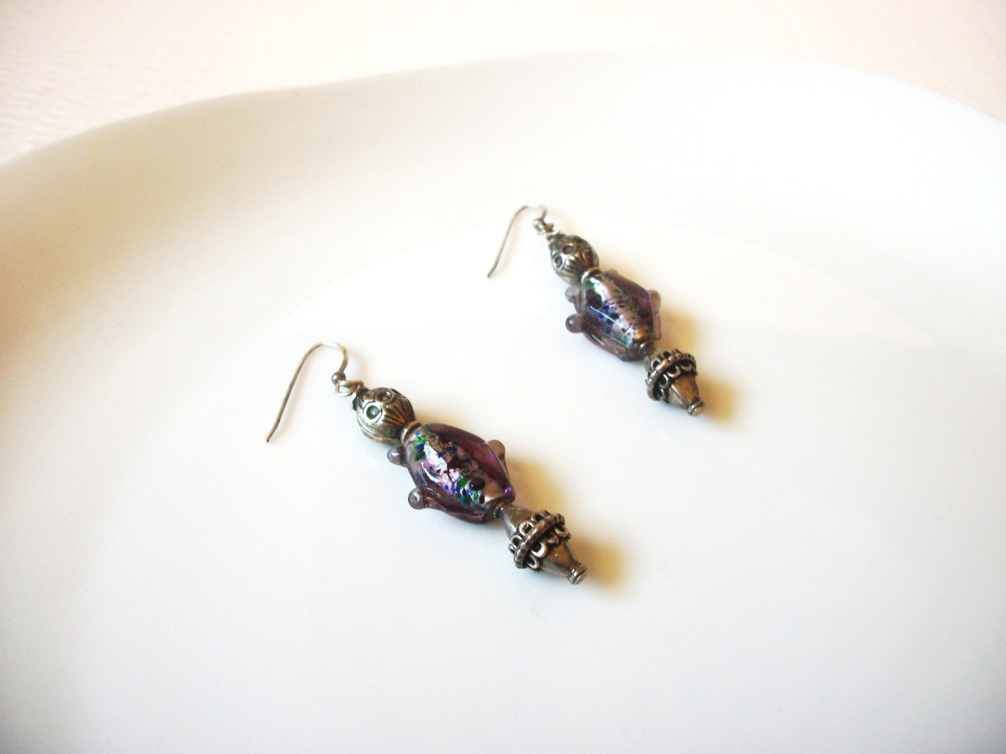 Vintage Plum Lamp Work Glass Dangle 2 1/2" Earrings 121816