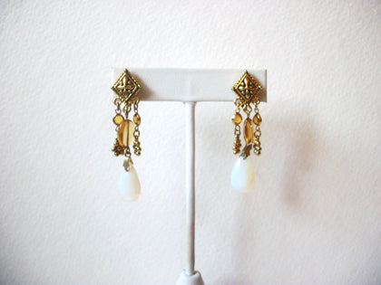 Vintage CLIP ON Gold Toned Glass Dangle Earrings 5917
